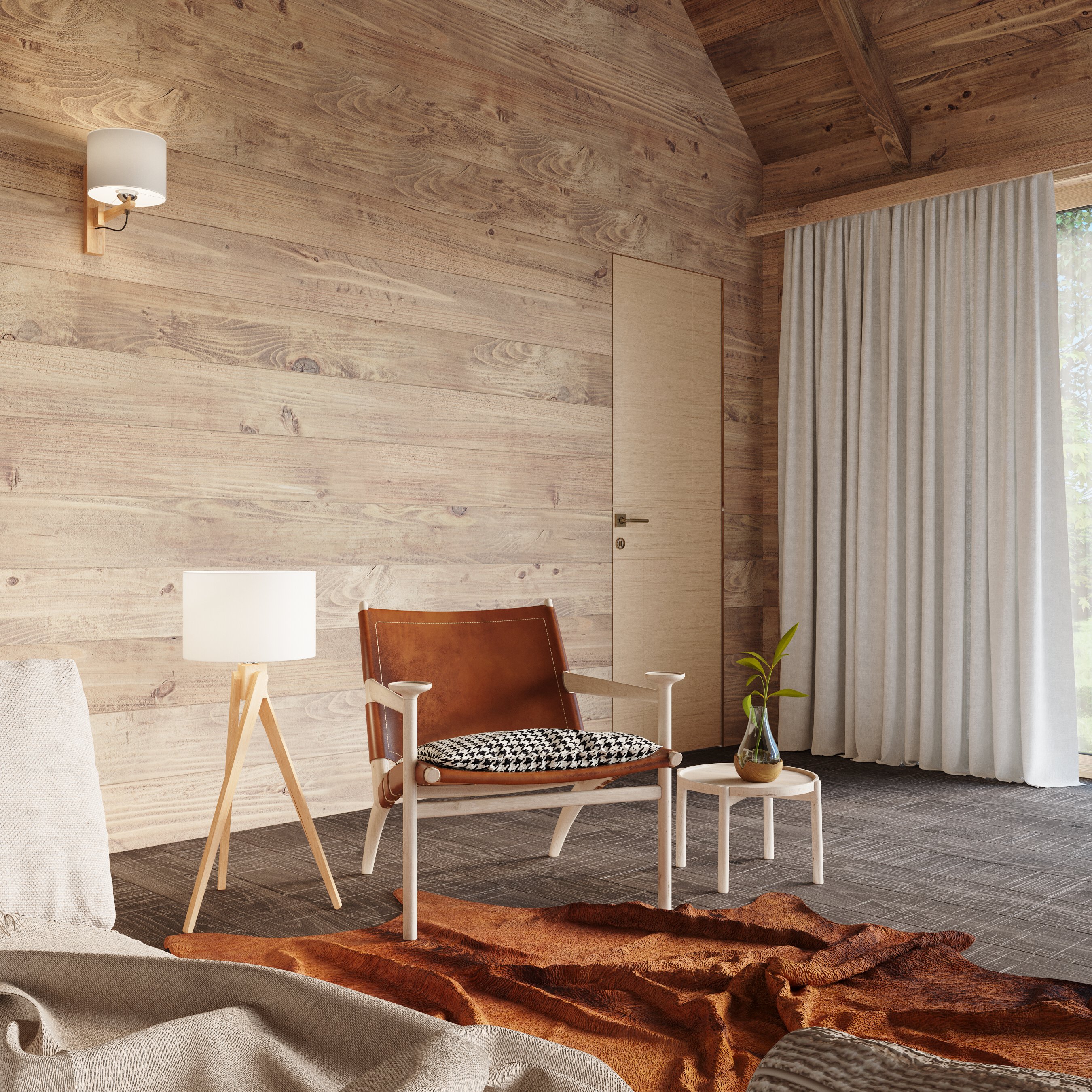Eine weiße Wandlampe an einer Holzwand in einem Zimmer mit einem braunen Stuhl. 